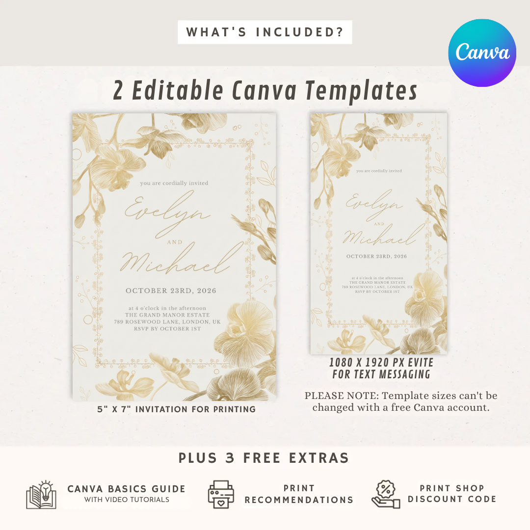 Elegant Orchid Wedding Invitation Template | Gold Floral Invite | Editable Minimalist Script Stationery | Printable Digital Evite | Instant Download