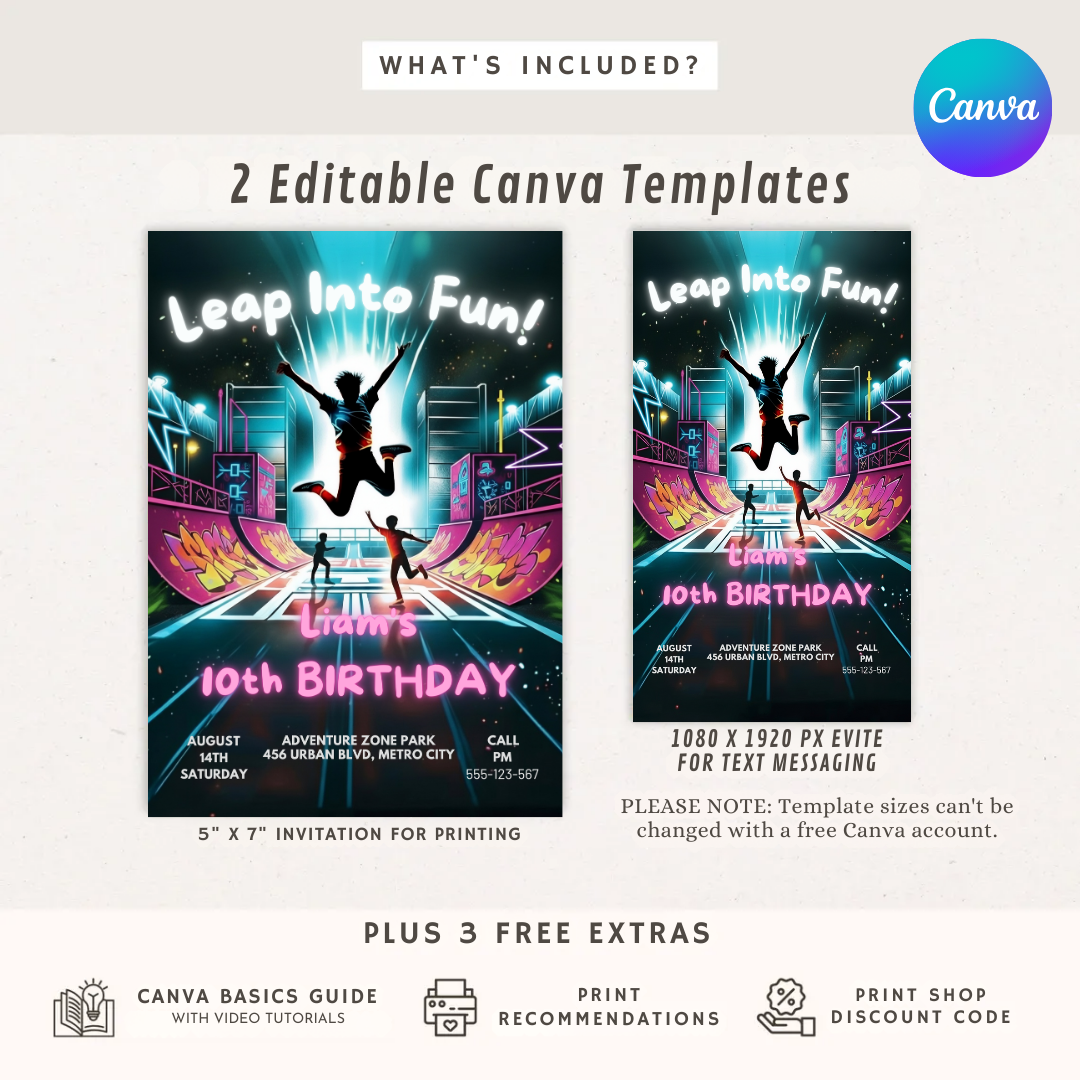 Boy's Birthday Invitation | Trampoline Park Party Invite | Editable Neon Glow Template | Leap Into Fun | Printable Digital | Instant Download