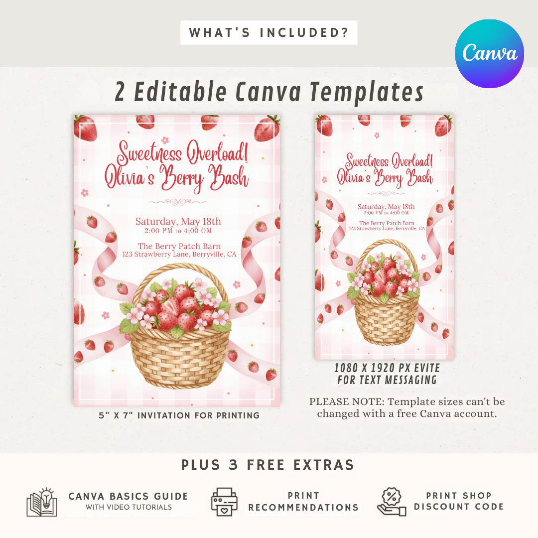 Strawberry Birthday Invitation Girl | Berry First Birthday Invite Template | Editable Sweetness Overload Party | Printable Digital Instant Download