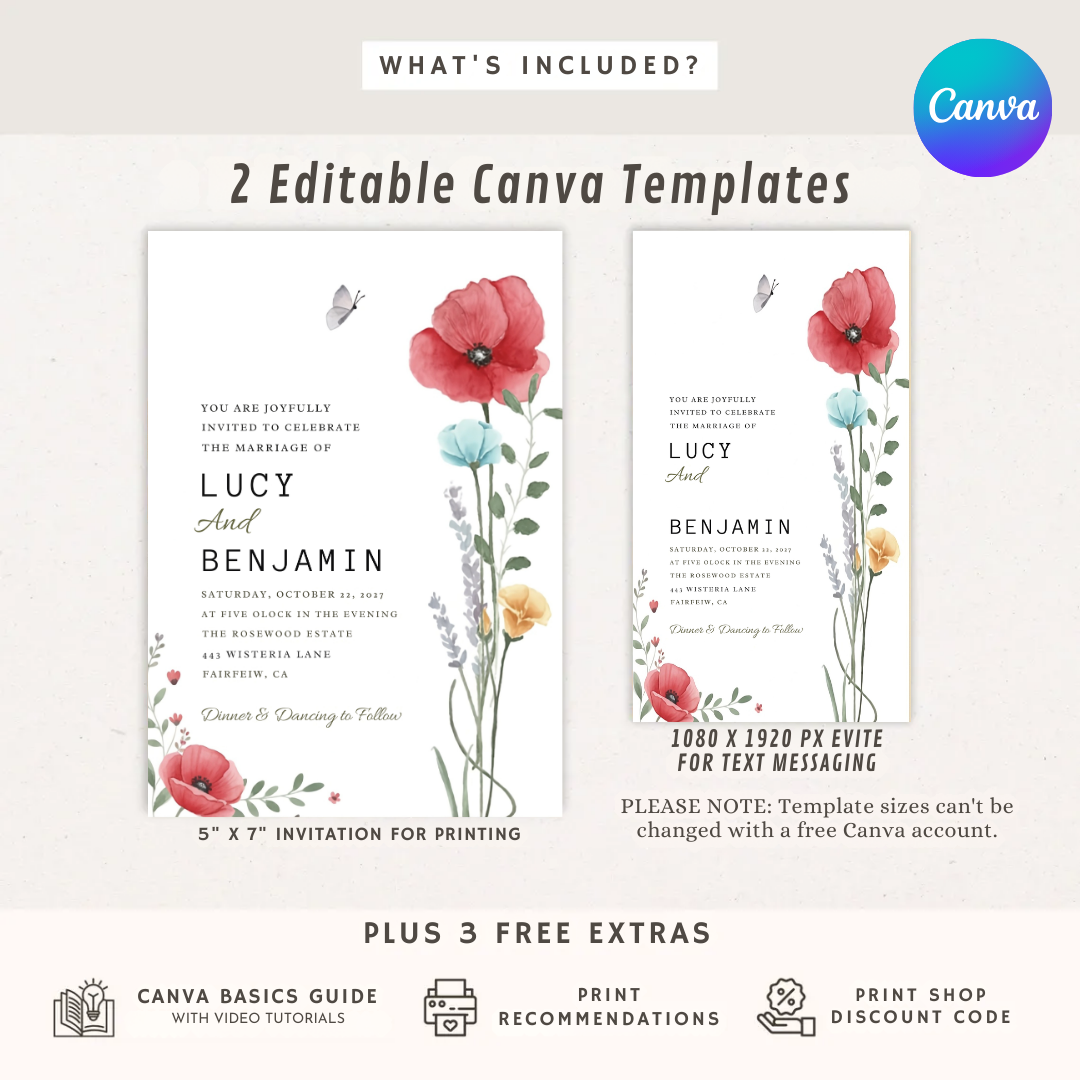 Watercolor Wildflower Wedding Invitation Template | Editable Floral Invite | Rustic Poppy Garden Wedding | Botanical Printable | Instant Download