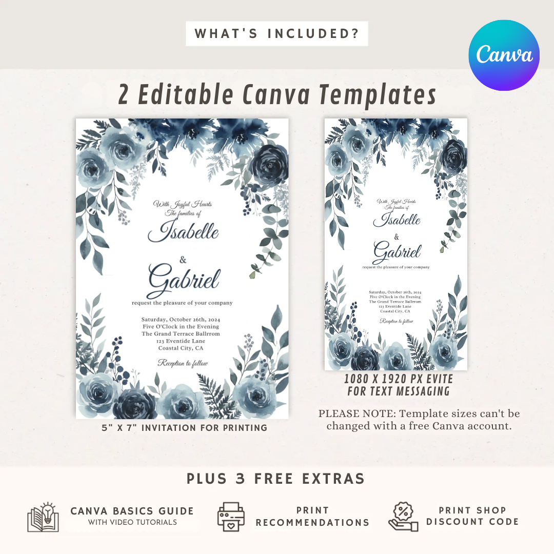Dusty Blue Wedding Invitation Template | Editable Navy Floral Invite | Watercolor Flowers | Elegant Printable Wedding Suite | Instant Download