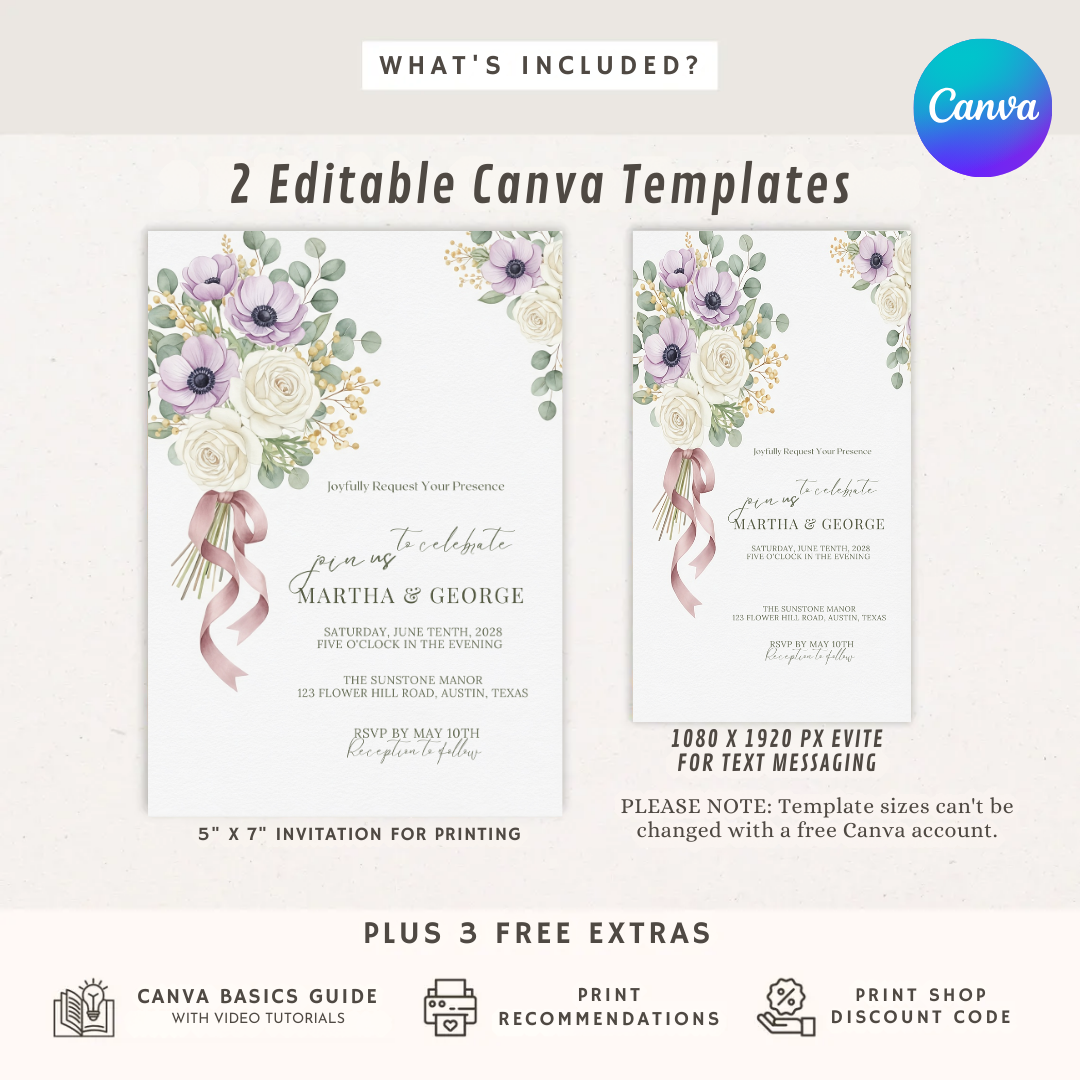Floral Wedding Invitation Template | Editable Lavender Anemone & Rose Invite | Printable Garden Wedding Stationery | Instant Download | Canva