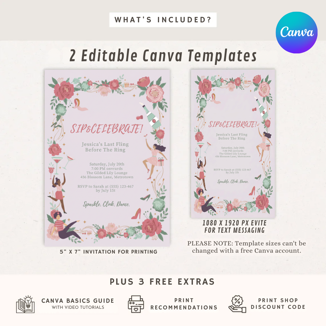 Editable Bachelorette Party Invitation | Sip and Celebrate Template | Last Fling Before the Ring | Floral Bridal Shower Invite for Her | Canva