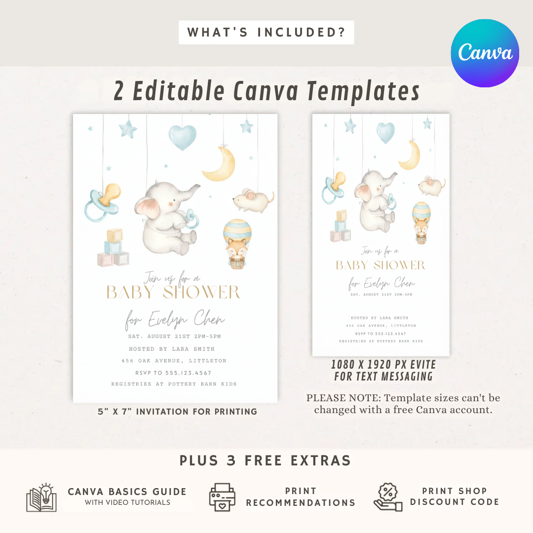 Elephant Baby Shower Invitation Boy or Girl | Editable Star & Moon Invite | Watercolor Animal Template | Printable Digital | Instant Download