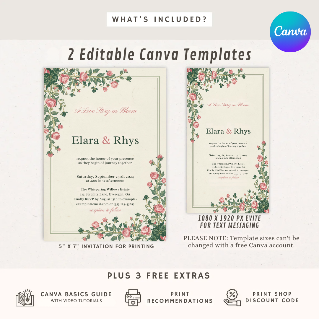 Romantic Floral Wedding Invitation Template | Editable Pink Roses Invite | Garden Wedding Printable | Vintage Evite | Instant Digital Download