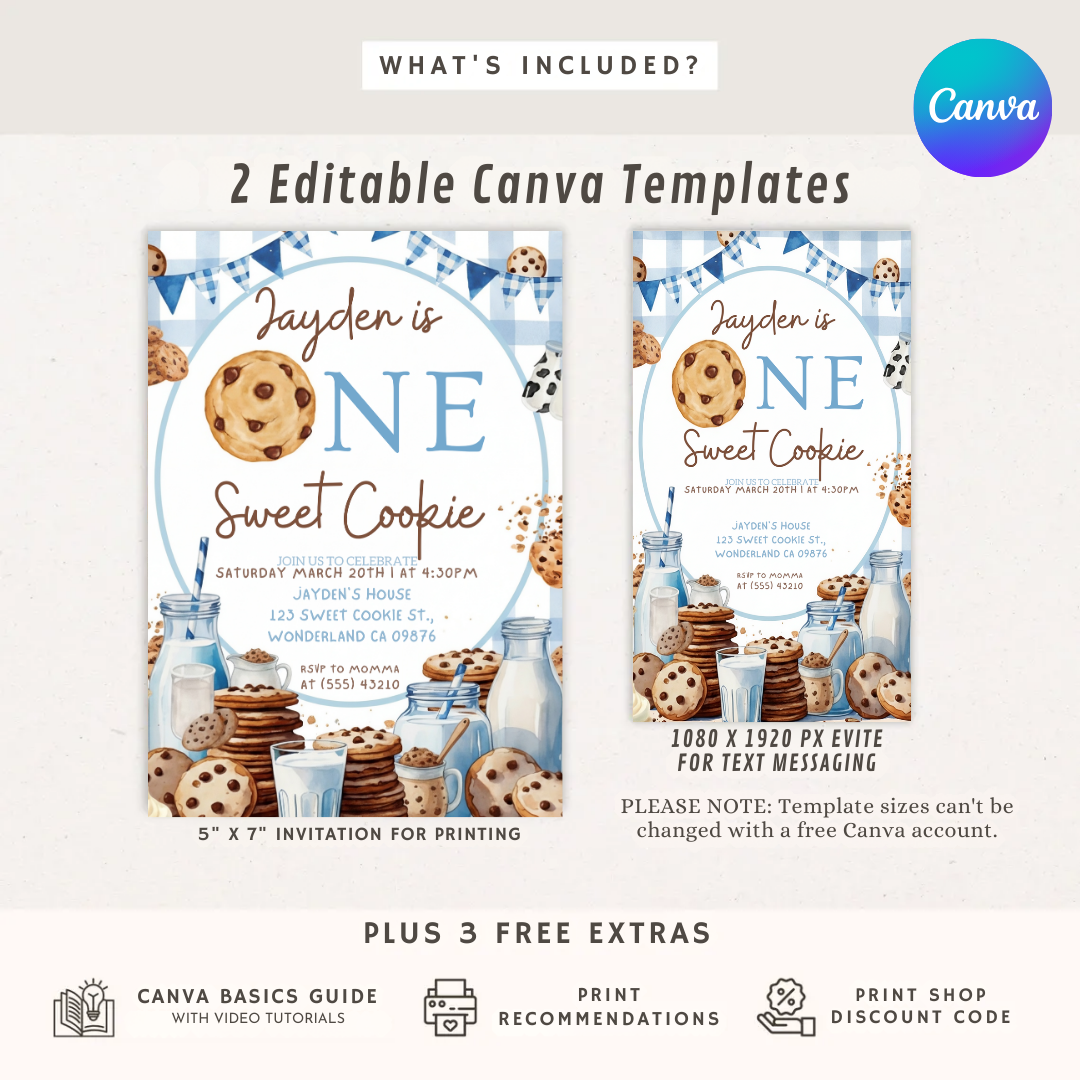 Boy's First Birthday Invitation | One Sweet Cookie Invite | Editable Milk & Cookies Template | Printable Digital Party Evite | Instant Download