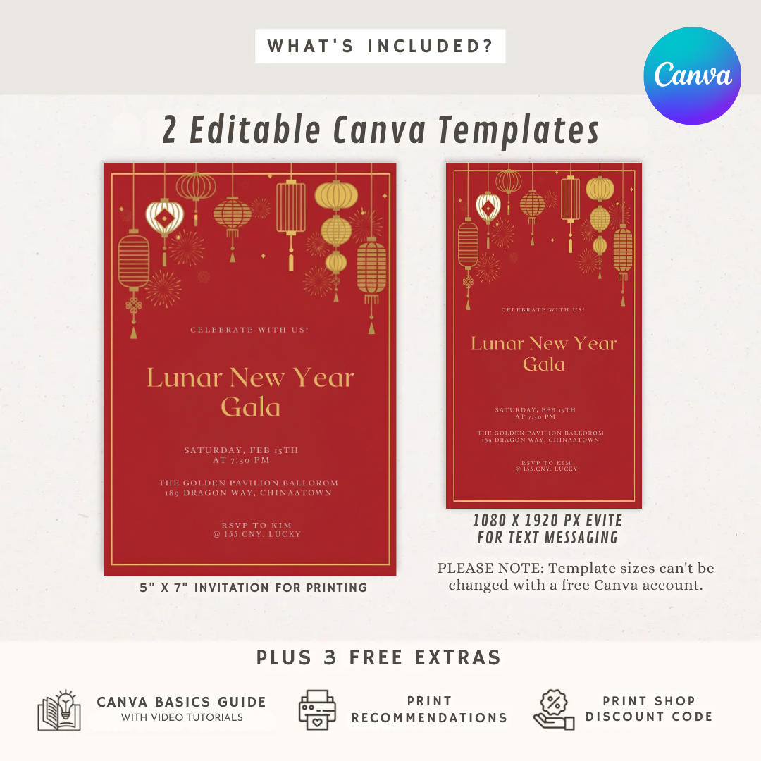 Lunar New Year Gala Invitation | Editable Chinese New Year Party Template | Red and Gold Lanterns Evite | Printable Digital | Instant Download