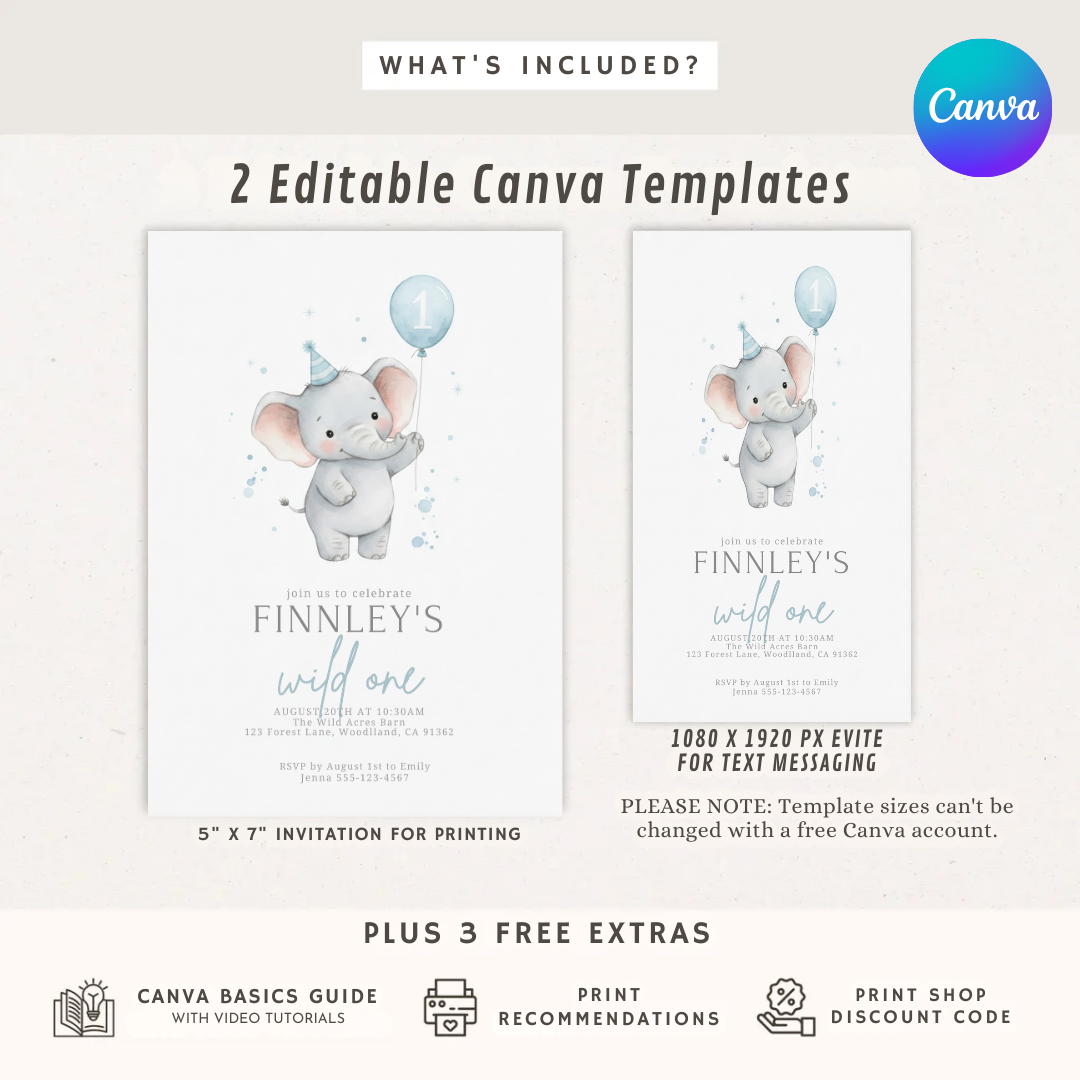 Boy's First Birthday Invitation | Editable Elephant Wild One Invite Template | Blue Watercolor Animal Party | Digital Evite | Instant Download