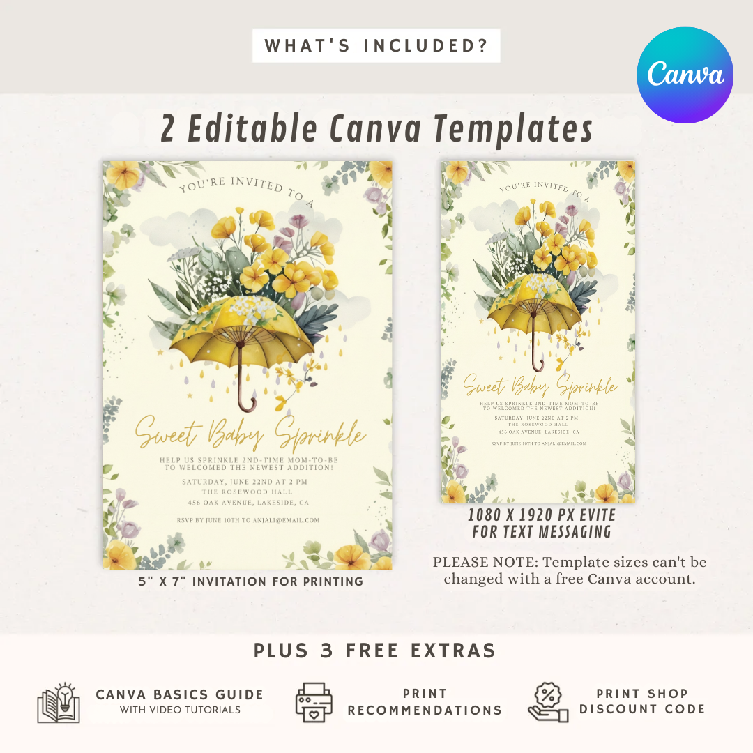 Baby Sprinkle Invitation Template | Yellow Umbrella Floral Invite | Editable Sprinkle for Boy or Girl | Watercolor 2nd Baby Shower | Printable