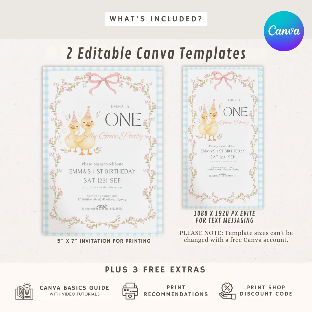 Silly Goose First Birthday Invitation Girl | Editable Duck Party Template | Whimsical 1st Birthday Invite | Pink Floral | Instant Download