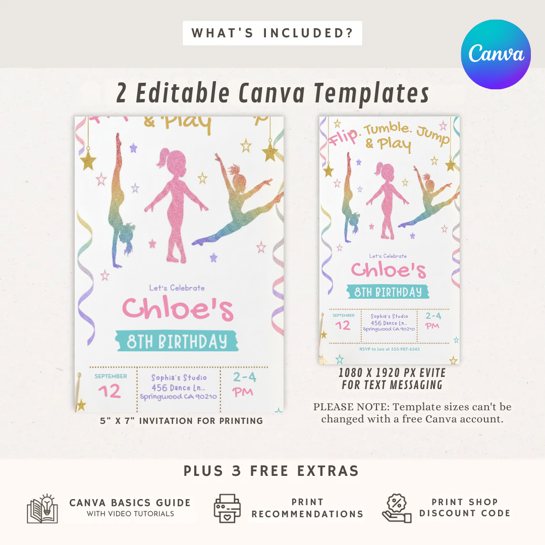 Gymnastics Birthday Invitation Girl | Editable Tumbling Party Invite | Flip Jump Play Template | Printable & Digital Evite | Instant Download