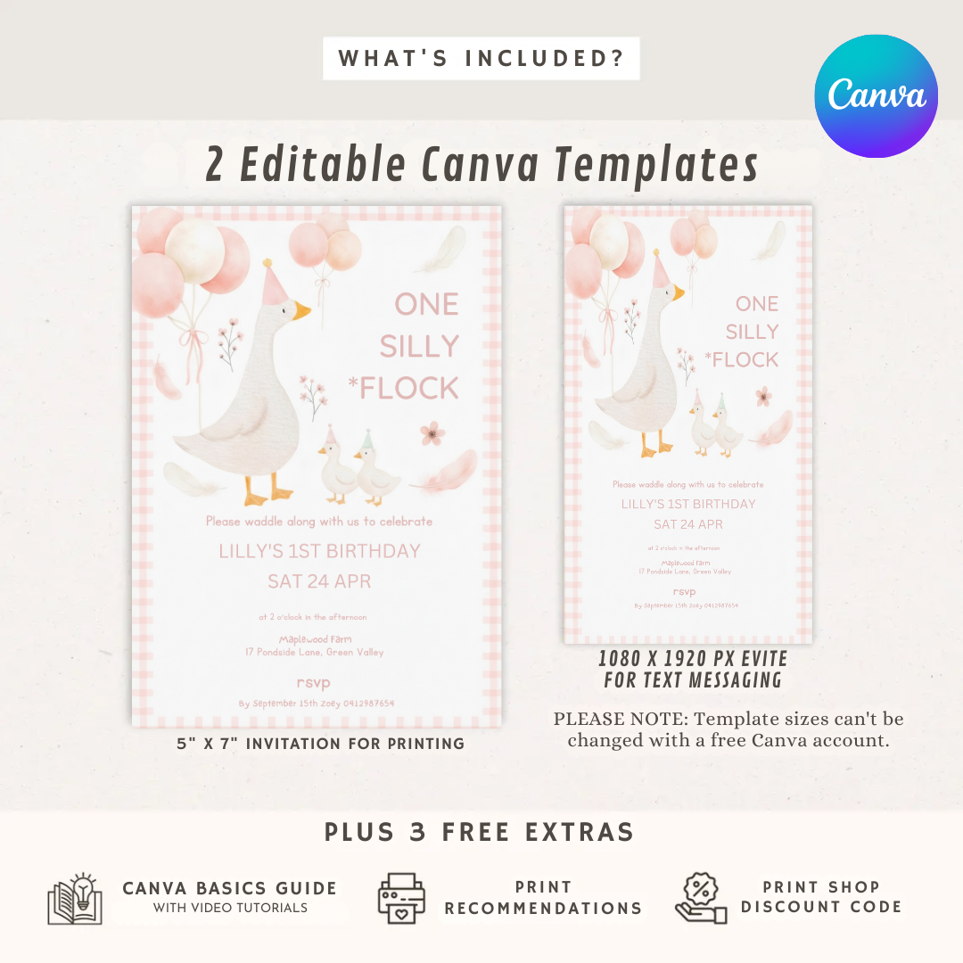 Girl's 1st Birthday Invitation | One Silly Flock Goose Party Invite | Editable Pink Farm Animal Template | Printable Digital Download