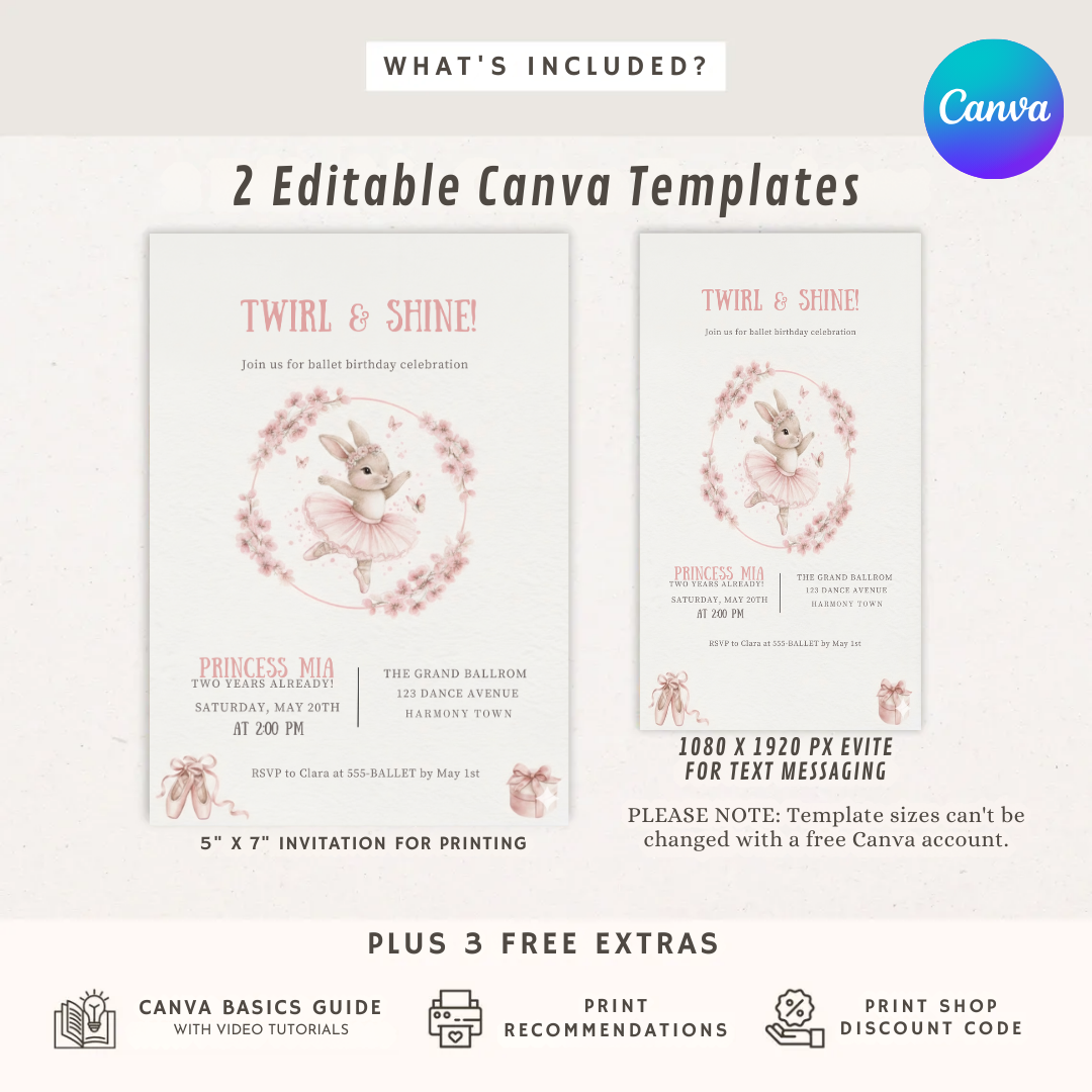 Bunny Ballerina Birthday Invitation | Girl's Third Birthday Invite Template | Editable Twirl & Shine Party | Printable Digital Instant Download