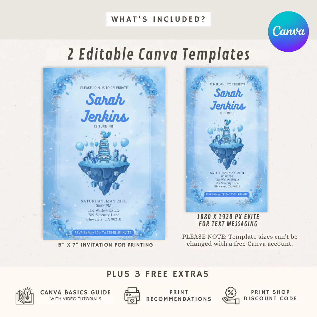 Blue Bird Birthday Invitation Template | Girl's Magical Sky Party Invite | Whimsical Blue Floral Editable Evite | Instant Download Printable