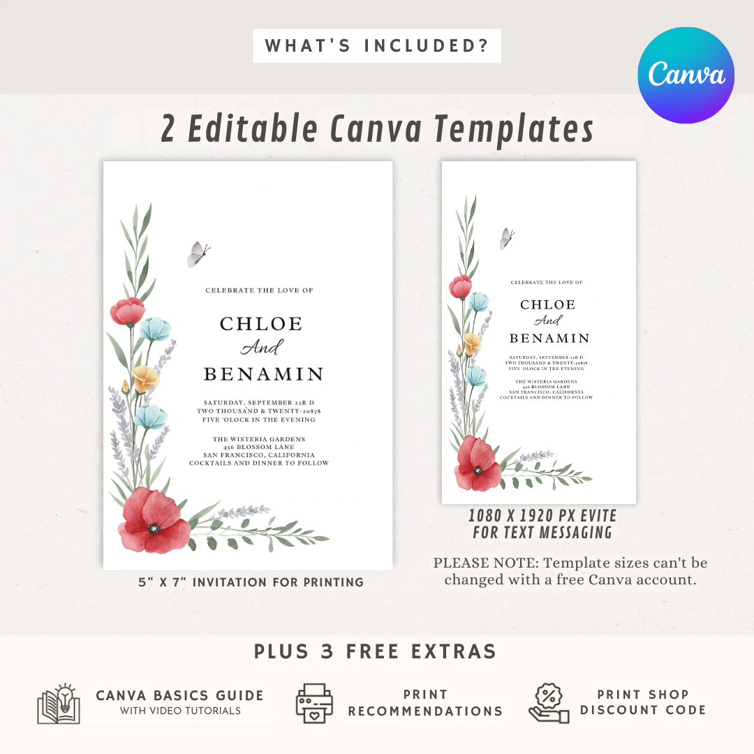 Editable Wedding Invitation Template | Watercolor Floral Invite | Garden Party Wedding | Printable Poppy & Lavender | Instant Download | Chloe