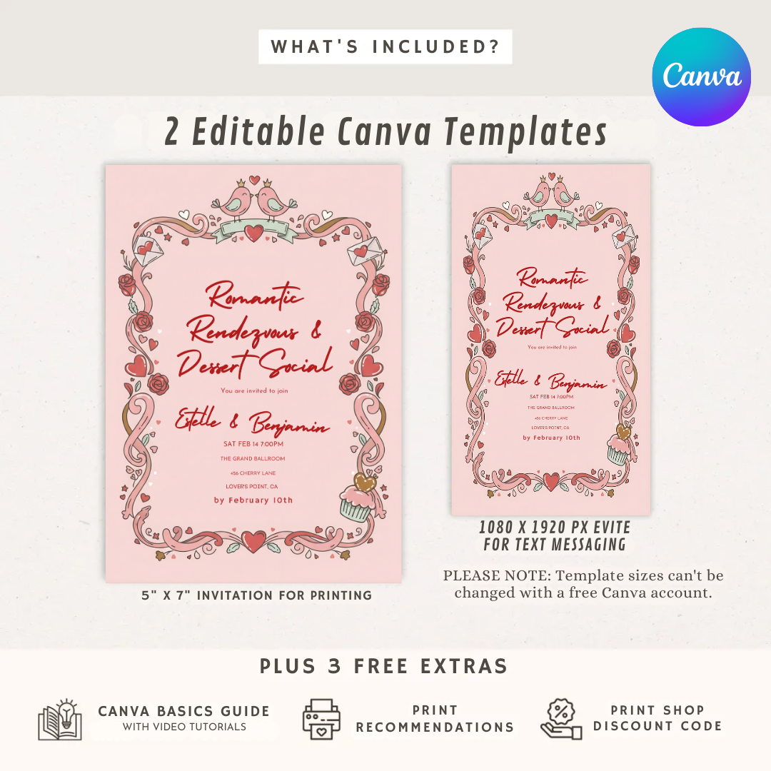Editable Valentine's Day Invitation | Romantic Rendezvous & Dessert Social Template | Couples Party Invite | Love Birds Theme | Instant Download