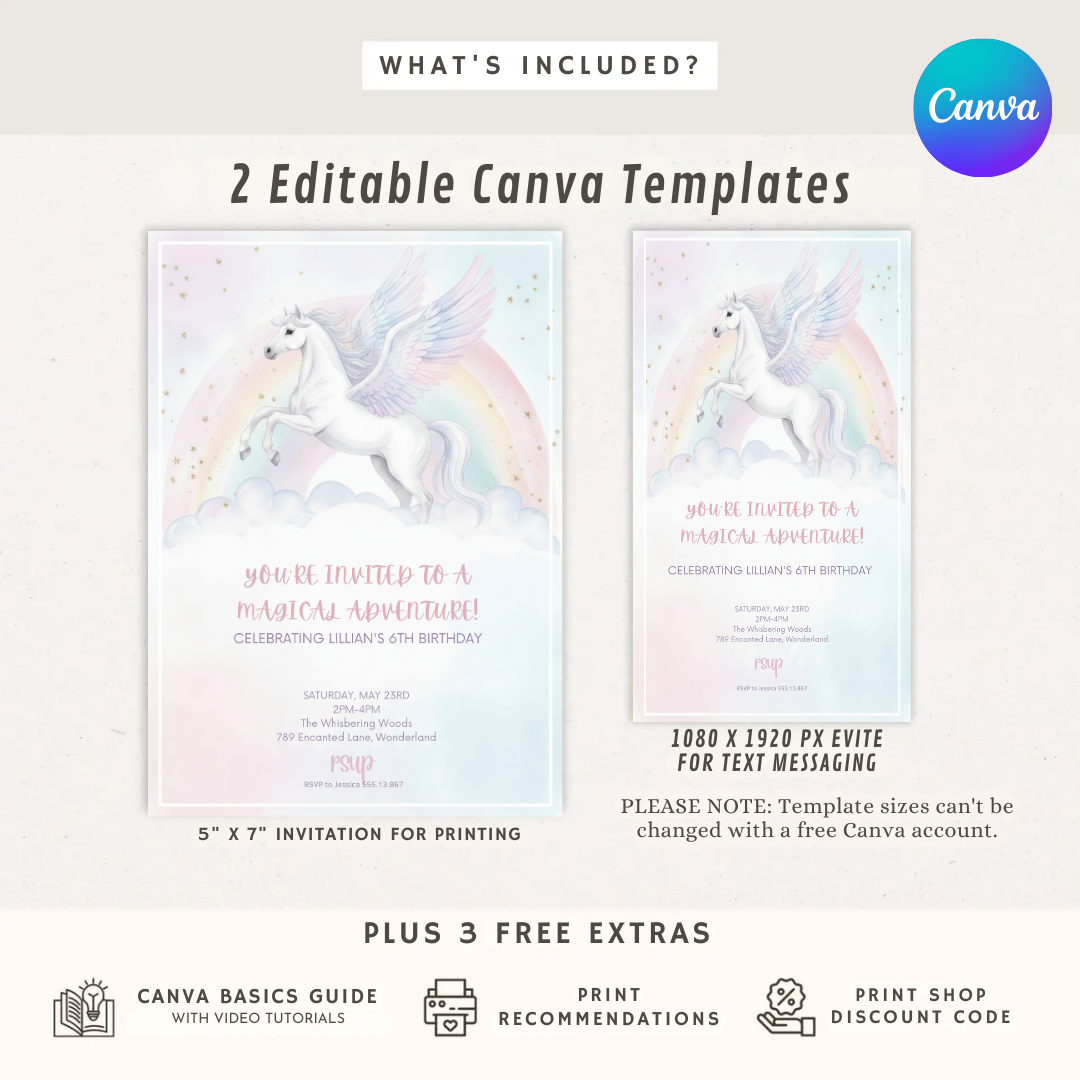 Pegasus Birthday Invitation Template | Magical Rainbow Party Invite for Girl | Editable Canva Evite | Printable 6th Birthday | Instant Download