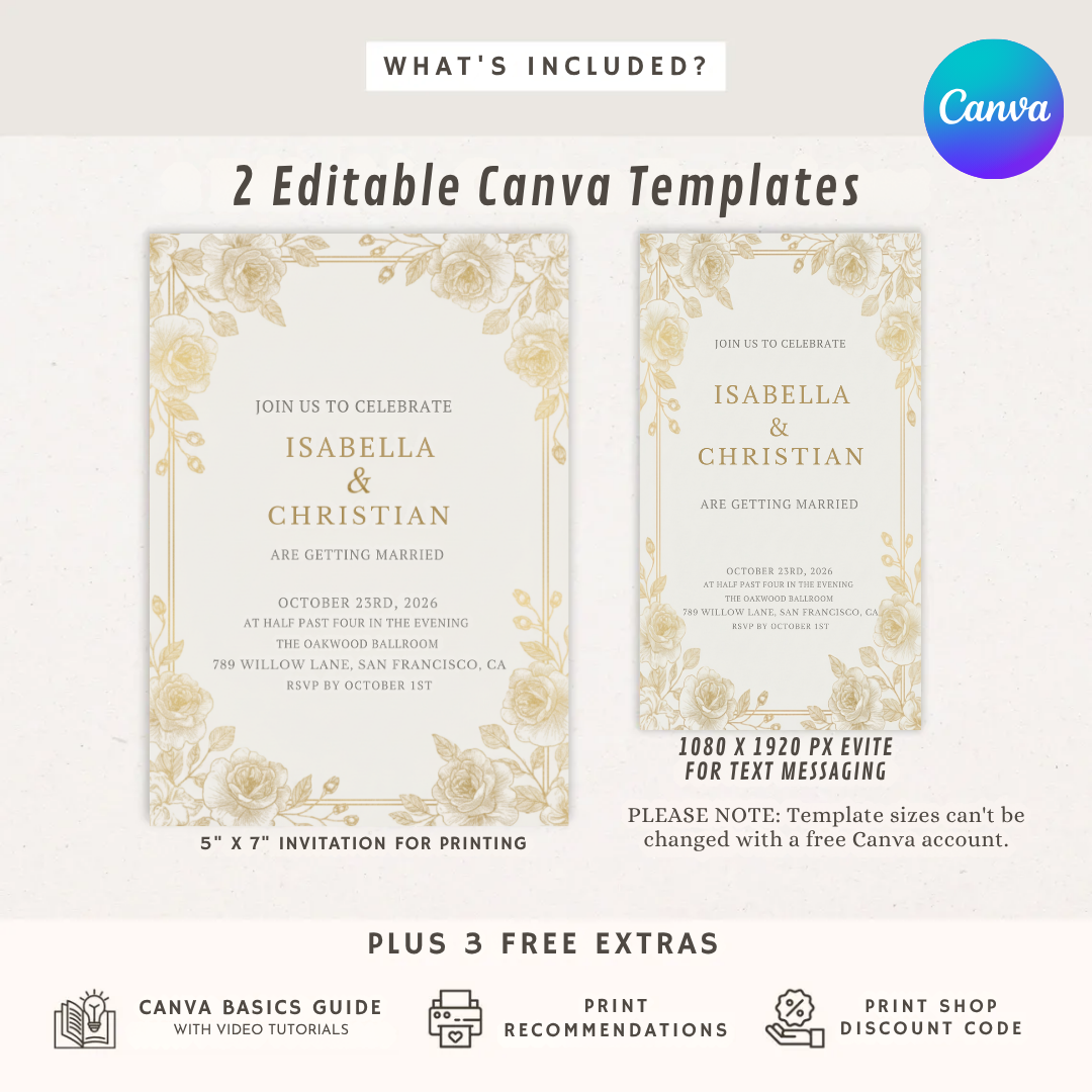 Elegant Wedding Invitation Template | Gold Floral Invite | Classic Rose Wedding Suite | Editable Canva Printable | Instant Digital Download