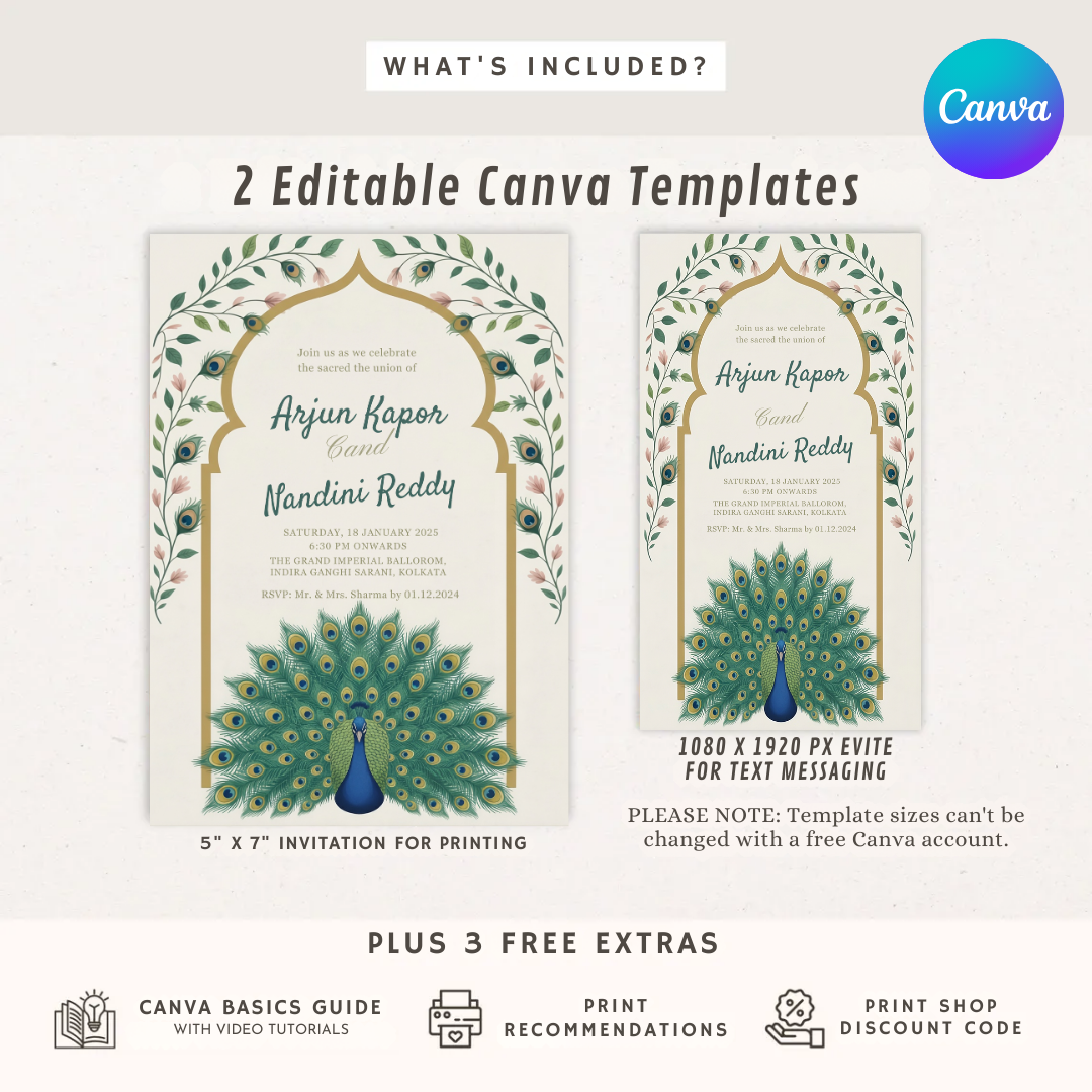 Indian Wedding Invitation Template | Editable Peacock Invite | Royal Desi Wedding Card | Printable Hindu Wedding Stationery | Digital Download