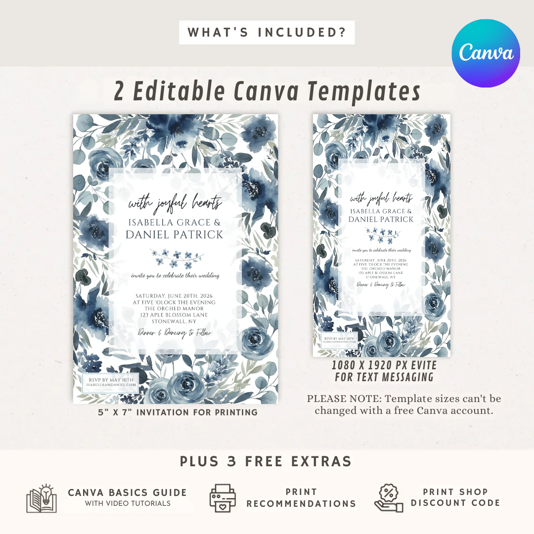 Dusty Blue Wedding Invitation Template | Editable Floral Invite | Navy Watercolor Flowers | Printable Canva Invite | Instant Download | Isabella