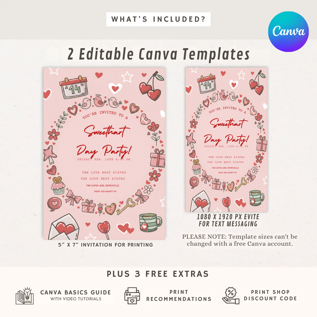 Editable Valentine's Day Party Invitation | Sweetheart Day Invite Template | Galentine's Party Printable | Cute Doodle V-Day Evite | Instant Download