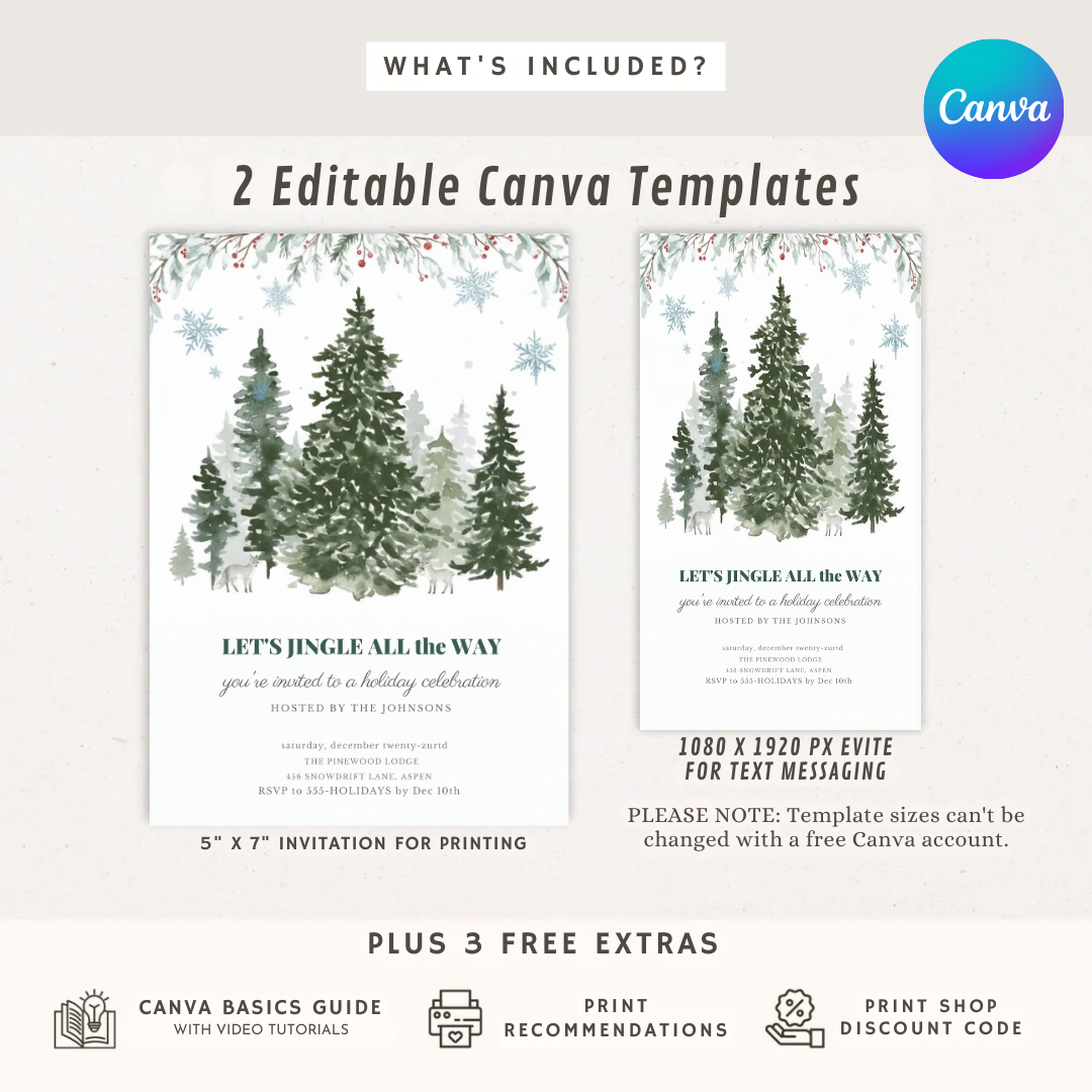 Holiday Party Invitation Editable | Winter Woodland Christmas Invite | Jingle All The Way Template | Rustic Pine Tree Evite | Instant Download