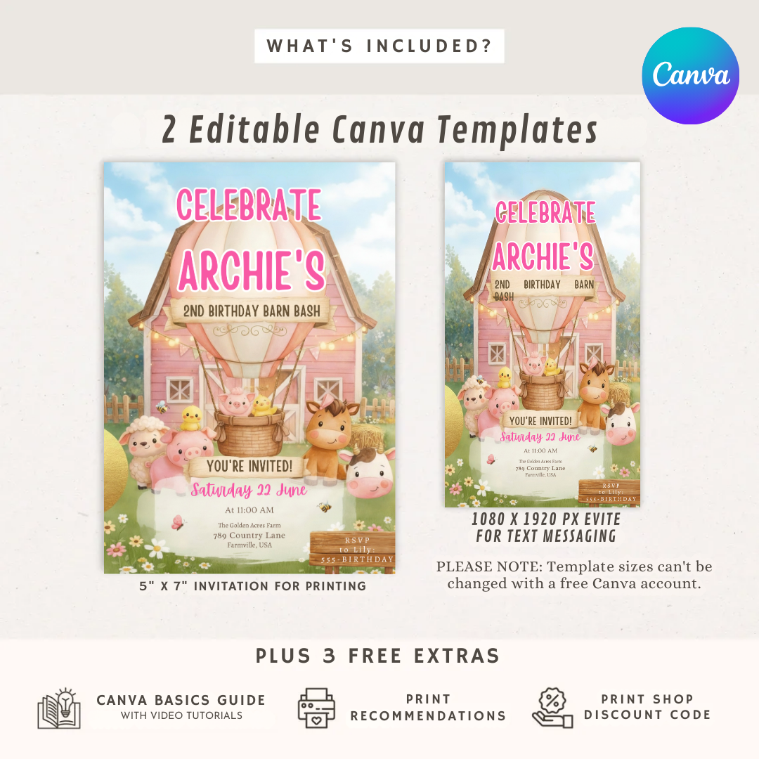 Farm Animal Birthday Invitation Girl | Editable Pink Barnyard Bash Template | Cute Farm Animals Party Invite | Second Birthday | Instant Download