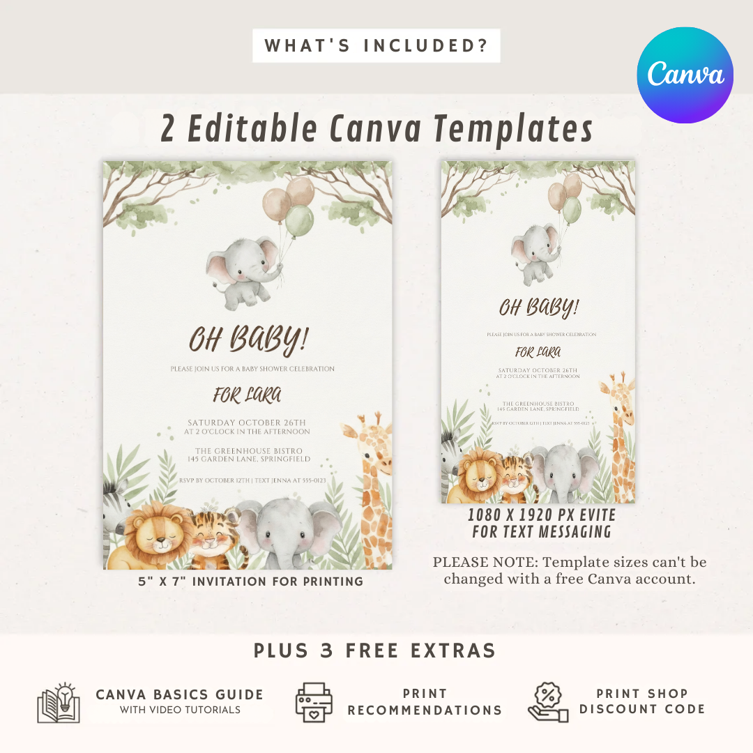 Editable Jungle Safari Invitation Template | Watercolor Animal Party Invite | Printable Instant Download