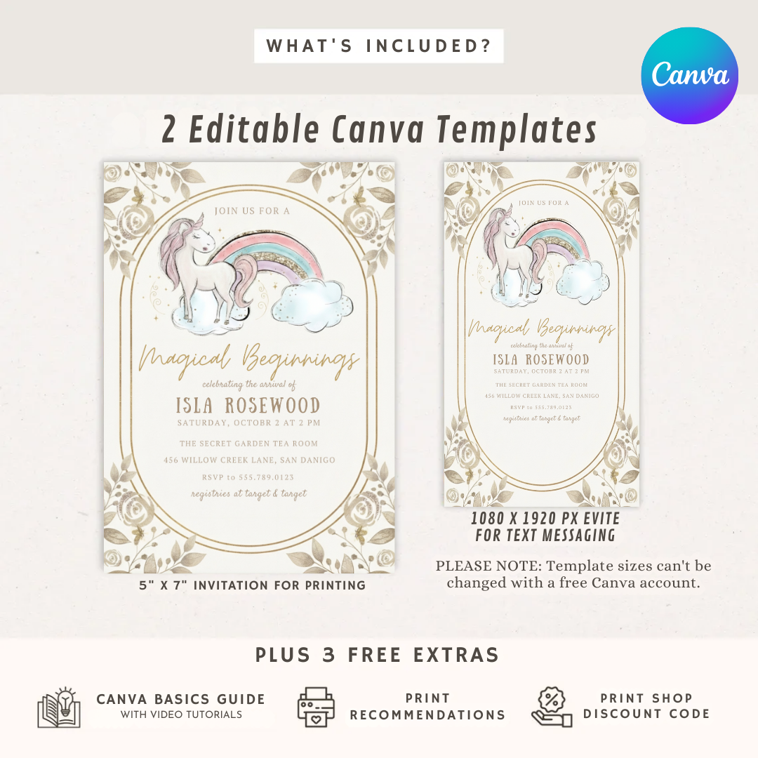 Unicorn Baby Shower Invitation Girl | Magical Beginnings Invite | Editable Rainbow Template | Boho Floral Printable | Instant Download Digital