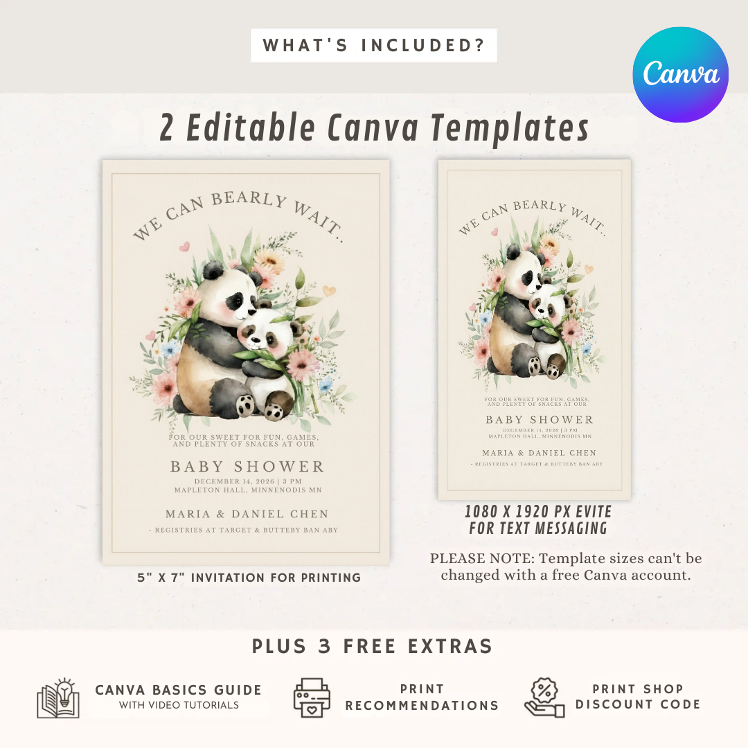 Panda Bear Invitation Template | We Can Bearly Wait Party Invite | Watercolor Animal Floral Theme | Editable Printable | Instant Download