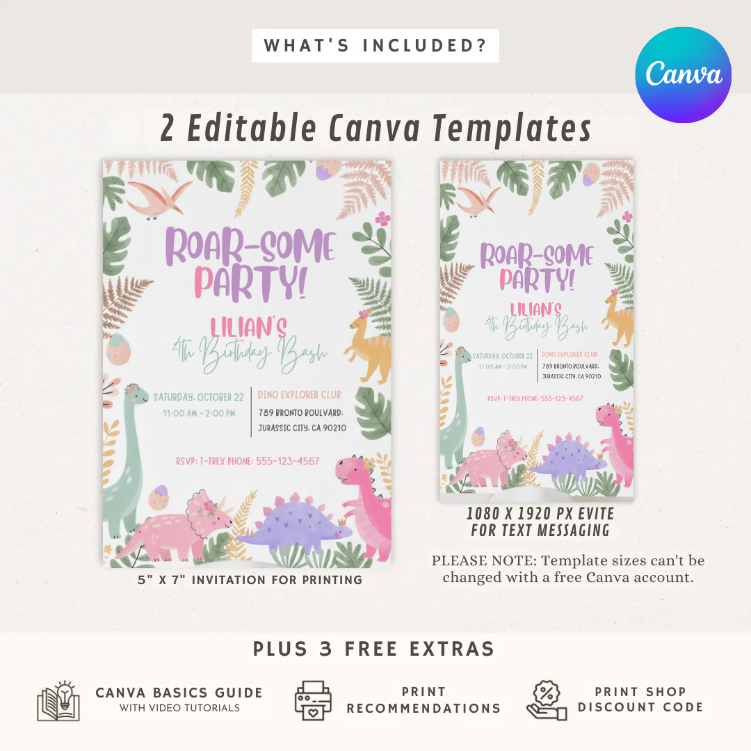 Girl Dinosaur Birthday Invitation Template | Editable Roar Some Party Invite | Pink Pastel Dino Birthday | Printable Digital Evite | Instant Download