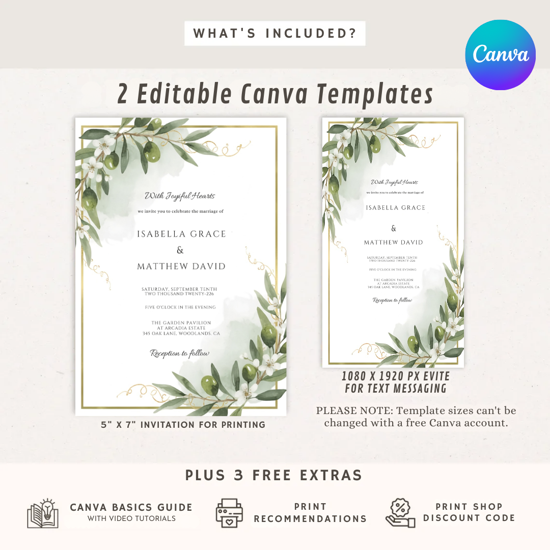 Olive Branch Wedding Invitation Template | Editable Greenery Invite | Gold Frame Rustic Wedding Stationery | Printable Instant Download