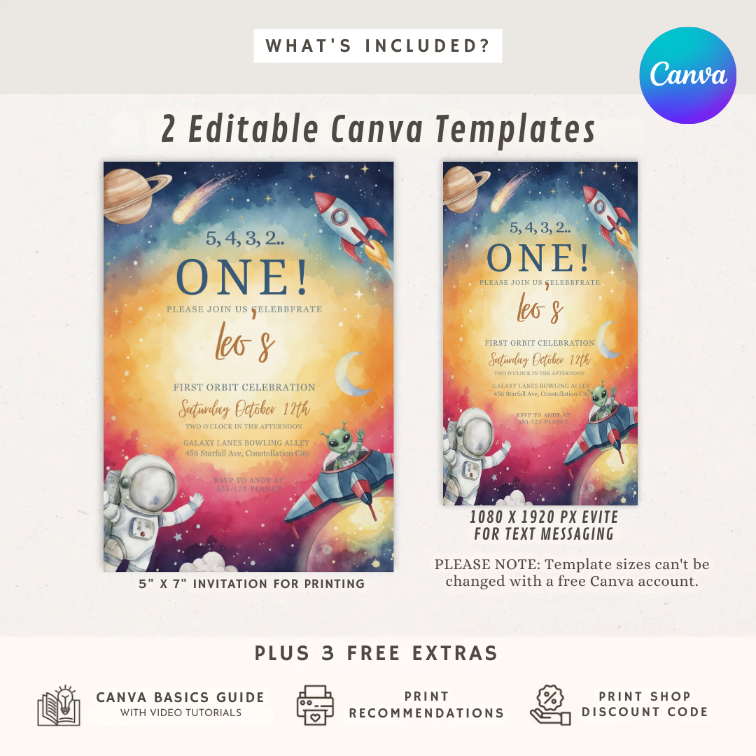 Boy's First Orbit Birthday Invitation Template | Editable Outer Space Party Invite | Astronaut Galaxy 1st Birthday | Printable Digital Download