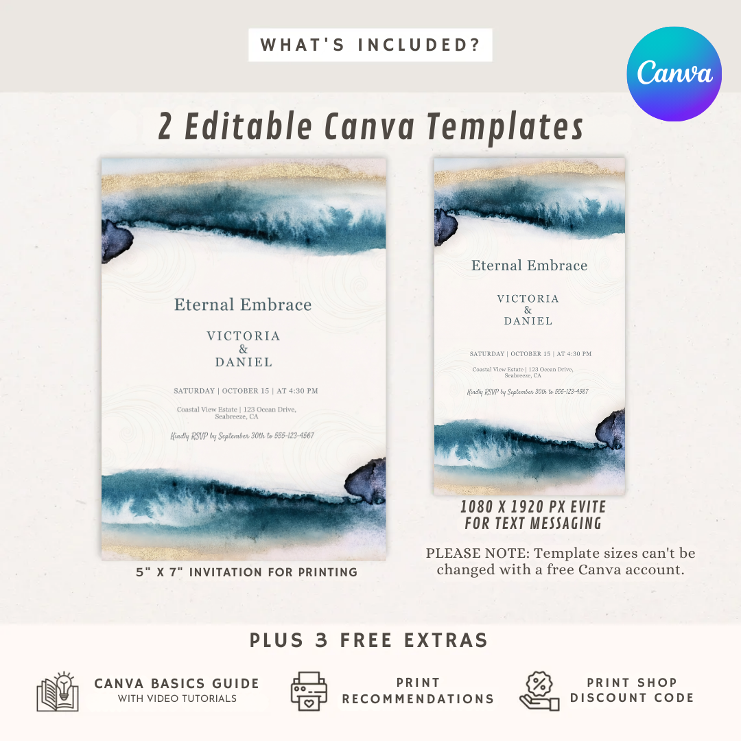 Ocean Wedding Invitation Template | Editable Blue Gold Watercolor Invite | Modern Coastal Beach Wedding | Printable Canva Evite | Instant Download