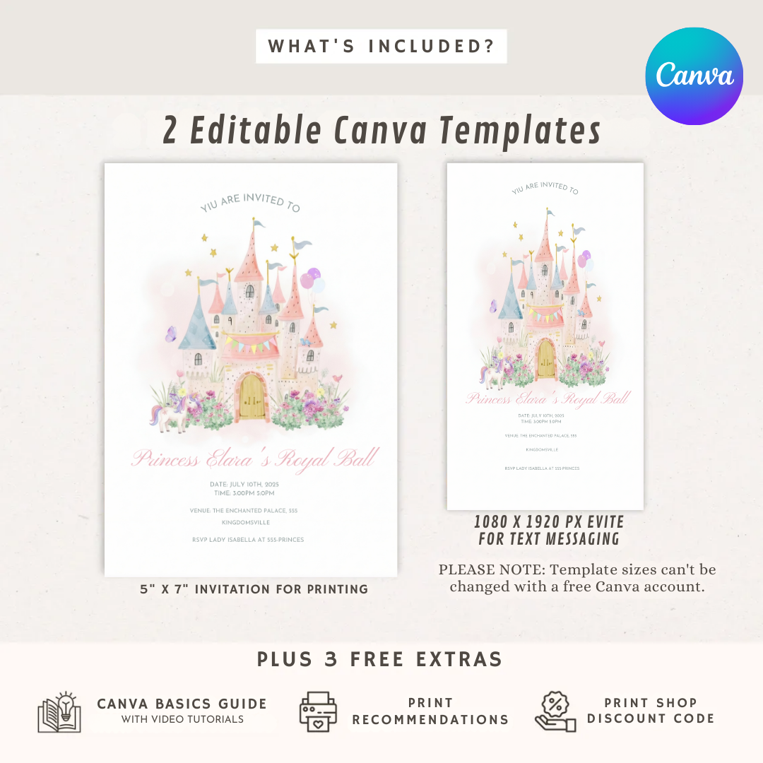Princess Birthday Invitation Girl | Editable Royal Ball Invite Template | Fairytale Castle Unicorn Party | Printable Digital Evite | Instant Download