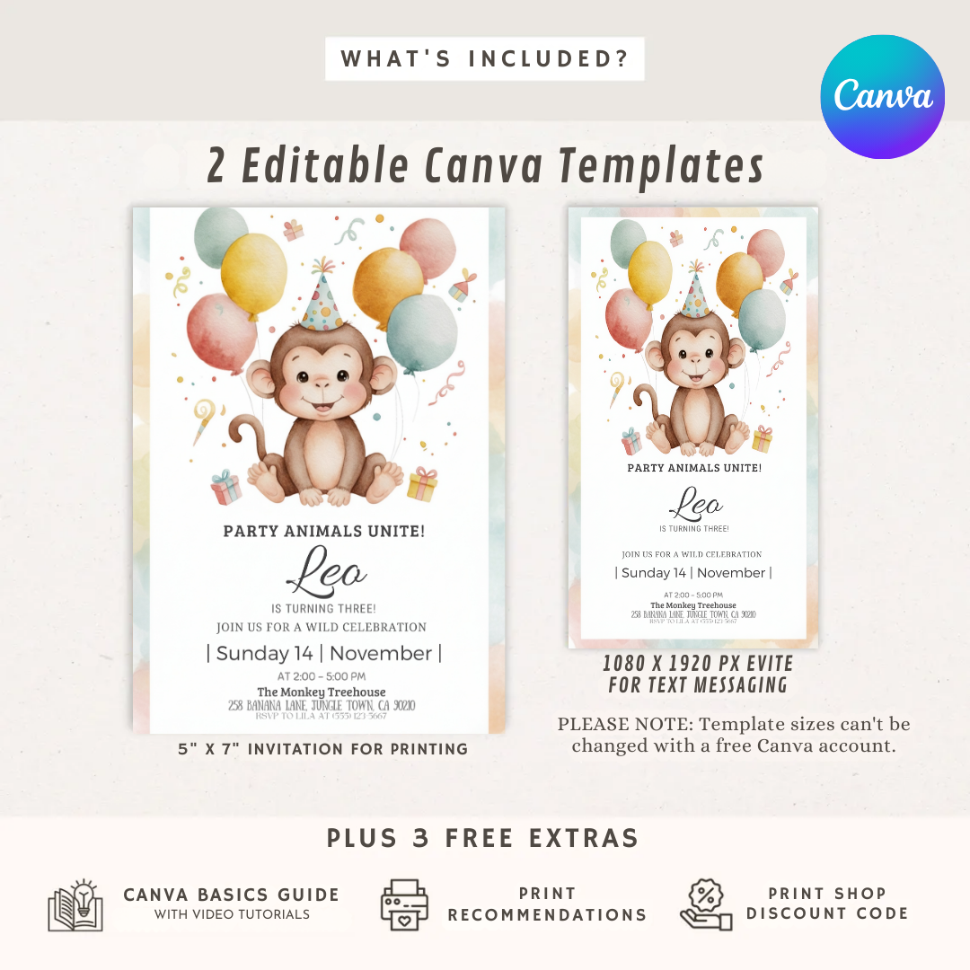 Monkey Birthday Invitation Boy or Girl | Editable Jungle Party Invite | Wild Third Birthday Template | Printable Safari Animal Evite | Instant Download