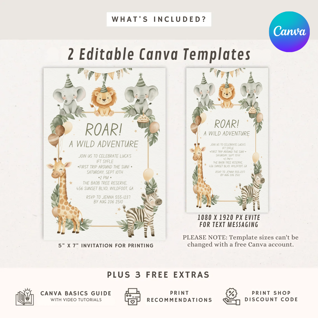 Editable Safari Birthday Invitation | Wild One First Birthday Invite for Boy or Girl | Jungle Animals Template | First Trip Around the Sun