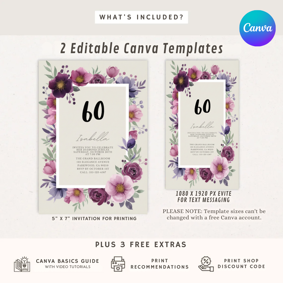 60th Birthday Invitation for Her | Editable Floral Template | Purple & Pink Watercolor | Diamond Jubilee Party Invite | Printable Digital Evite