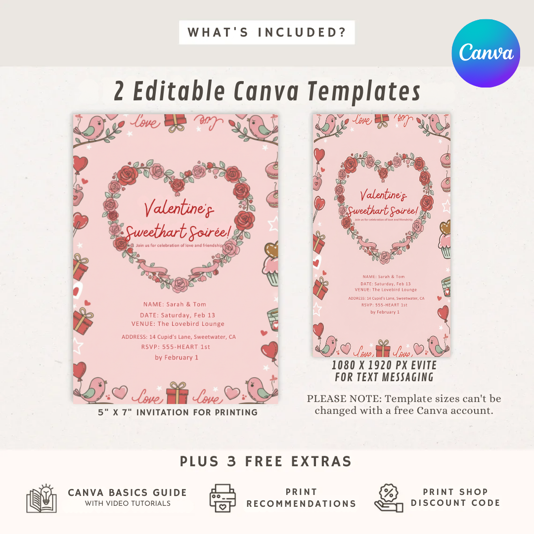 Valentine's Day Invitation Template | Editable Sweetheart Soirée Invite | Couples Party or Galentine's Invite | Printable | Instant Download
