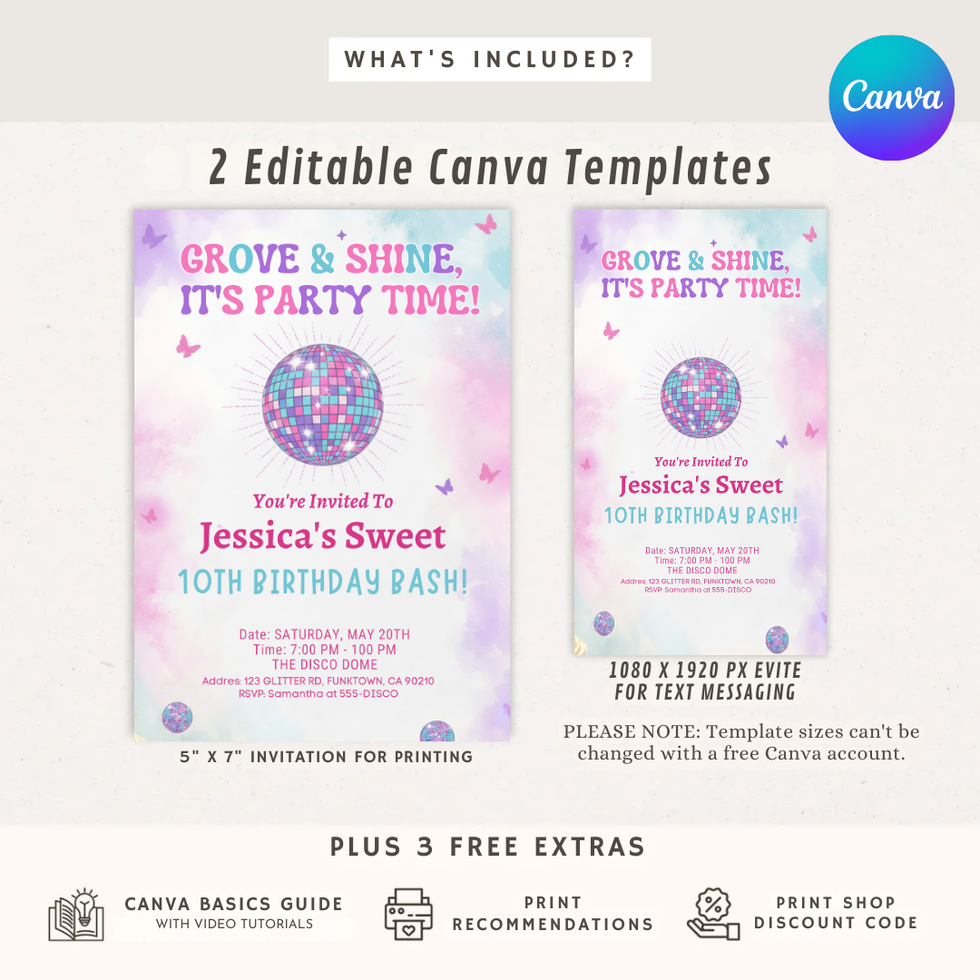 Groovy Disco Birthday Invitation Girl | Editable 10th Birthday Party Invite Template | 70s Theme Disco Ball & Butterfly Evite | Printable