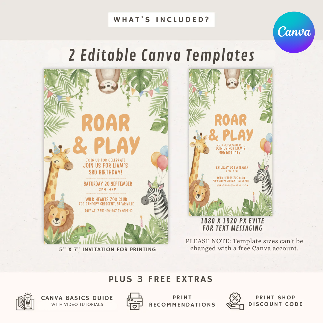 Jungle Birthday Invitation for Boy or Girl | Editable Safari Animal Party Invite | Roar & Play 3rd Birthday | Printable Instant Download