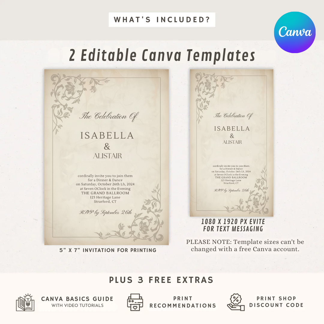 Elegant Wedding Invitation Template | Classic Vintage Invite | Editable Canva Printable | Formal Floral Wedding Suite | Instant Download Digital