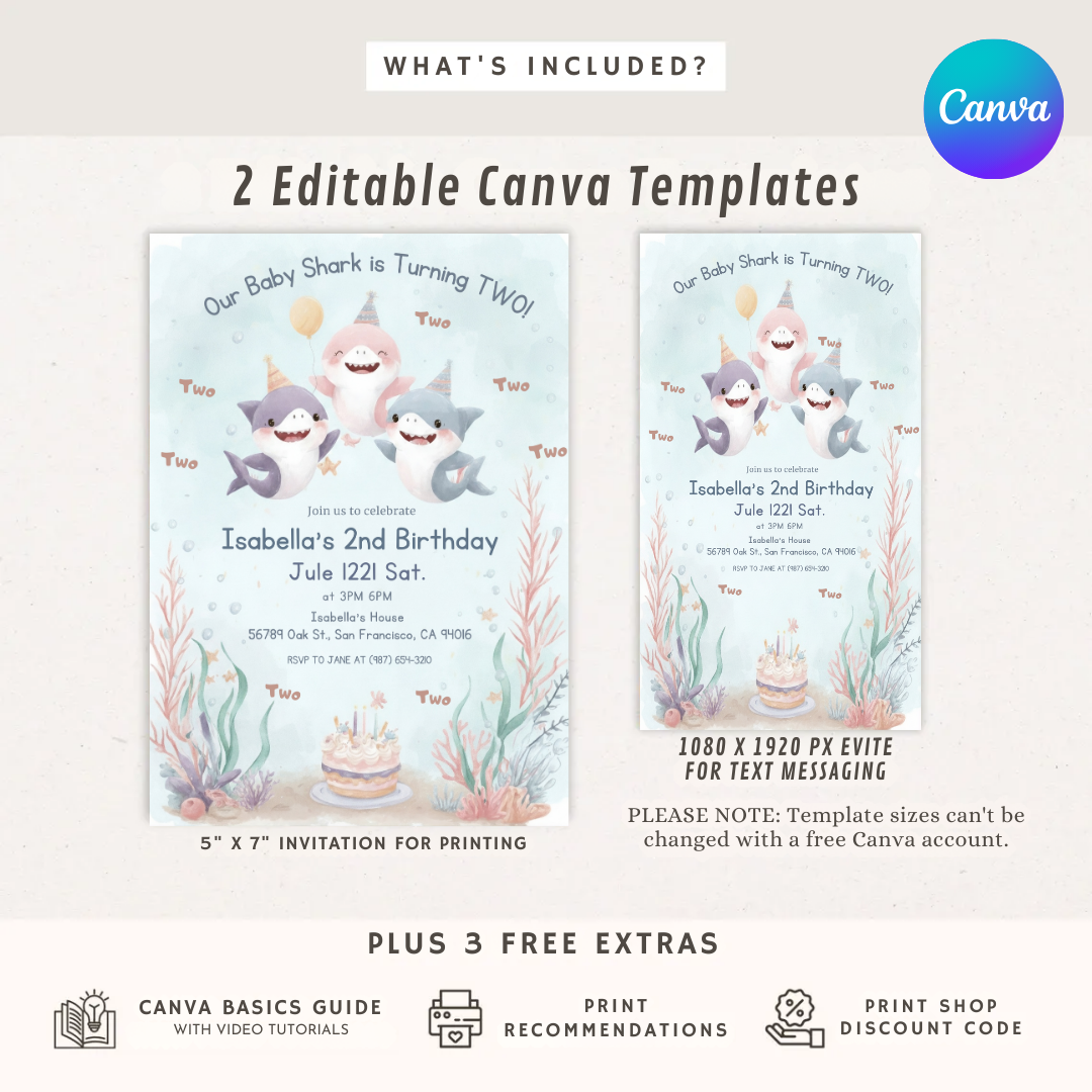 Baby Shark 2nd Birthday Invitation | Editable Under the Sea Party Invite for Girl | Watercolor Ocean Two Template | Printable & Digital Evite