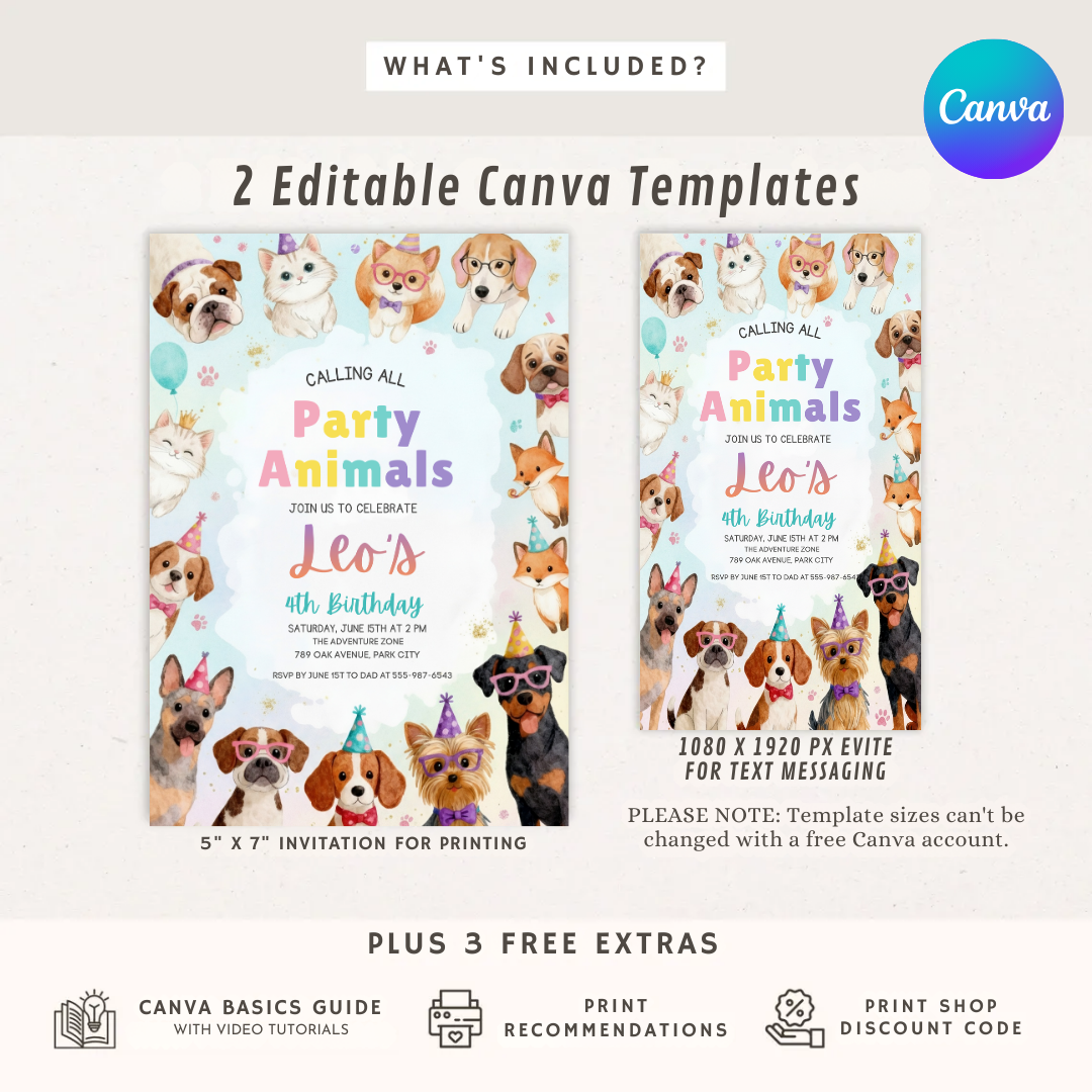 Party Animals Birthday Invitation | Editable Pet Party Invite for Boy or Girl | Puppy Kitten Theme | Printable Digital Template | Instant Download