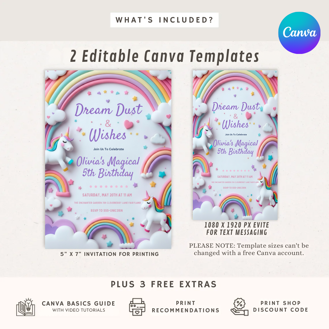 Editable Unicorn Birthday Invitation Girl | Magical Rainbow Party Invite Template | Pastel Clouds & Stars | Digital Evite | Instant Download