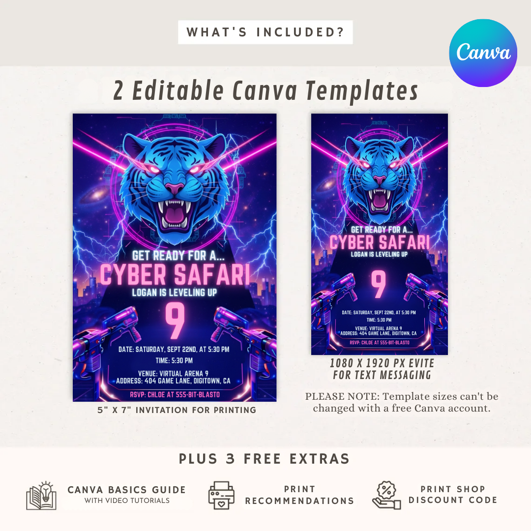 Boy's Birthday Invitation | Editable Cyber Safari Gamer Party Invite | Neon Tiger Video Game Template | Futuristic Level Up Invite | Printable
