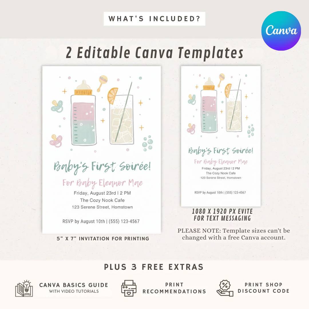 Baby's First Soirée Invitation Girl | Editable Bottles & Cocktails Template | Modern Sip and See Baby Shower Invite | Printable & Digital