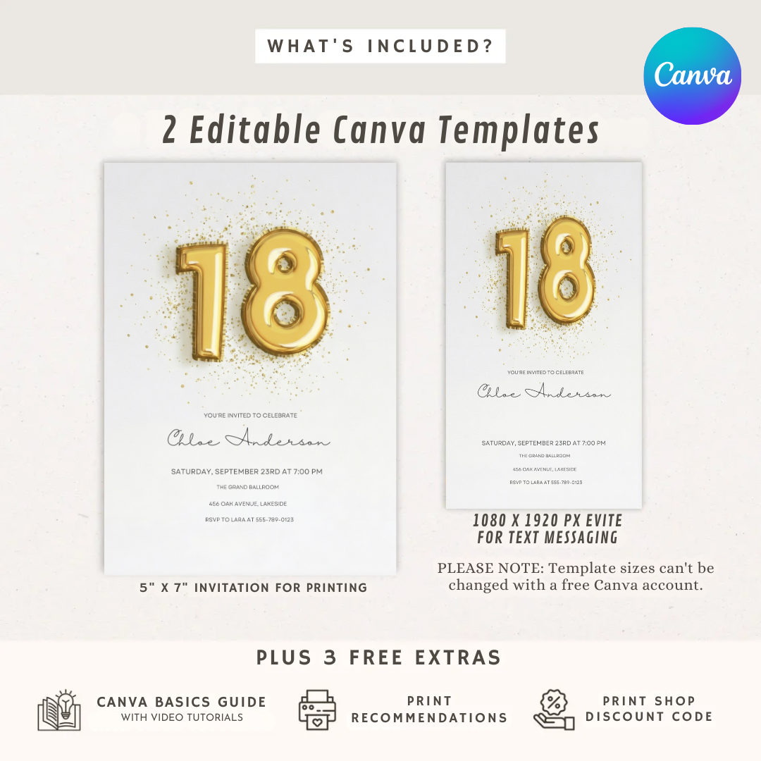 18th Birthday Invitation Template | Gold Balloon Invite for Her | Editable Elegant Party Evite | Modern Glam Birthday | Instant Digital Download