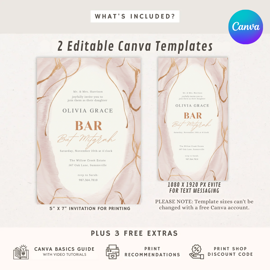 Bat Mitzvah Invitation Girl | Editable Template | Blush Pink and Rose Gold Invite | Modern Elegant Party | Printable Digital | Instant Download