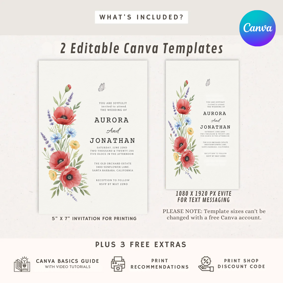 Wildflower Wedding Invitation Template | Editable Poppy Floral Invite | Rustic Garden Wedding | Printable Digital Evite | Instant Download